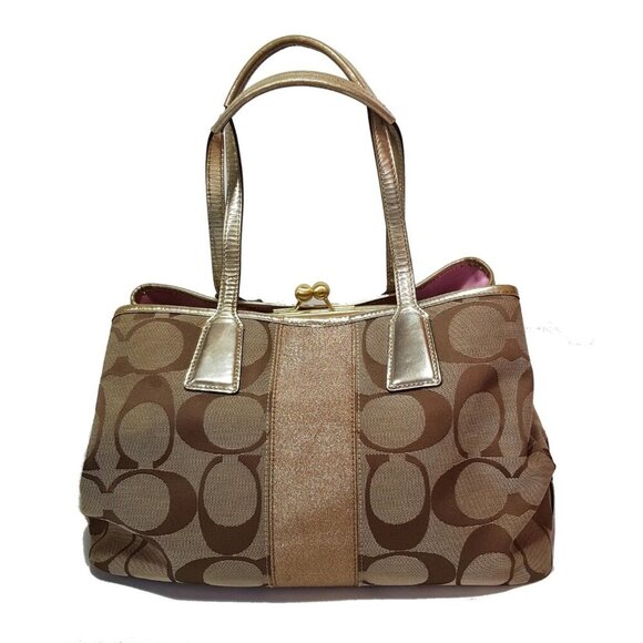 Coach 2008 Cursive Creed Khaki Signature C Kisslock Dual Strap Carryall Satchel - Picture 1 of 14